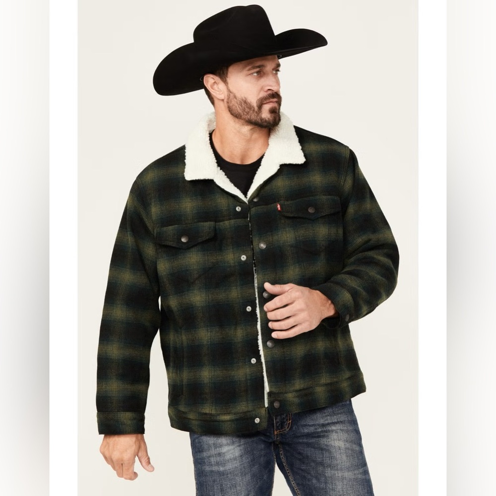 Levi's Sherpa Lined Plaid Trucker Jacket Men’s MEDIUM Green Snap Closure A6030